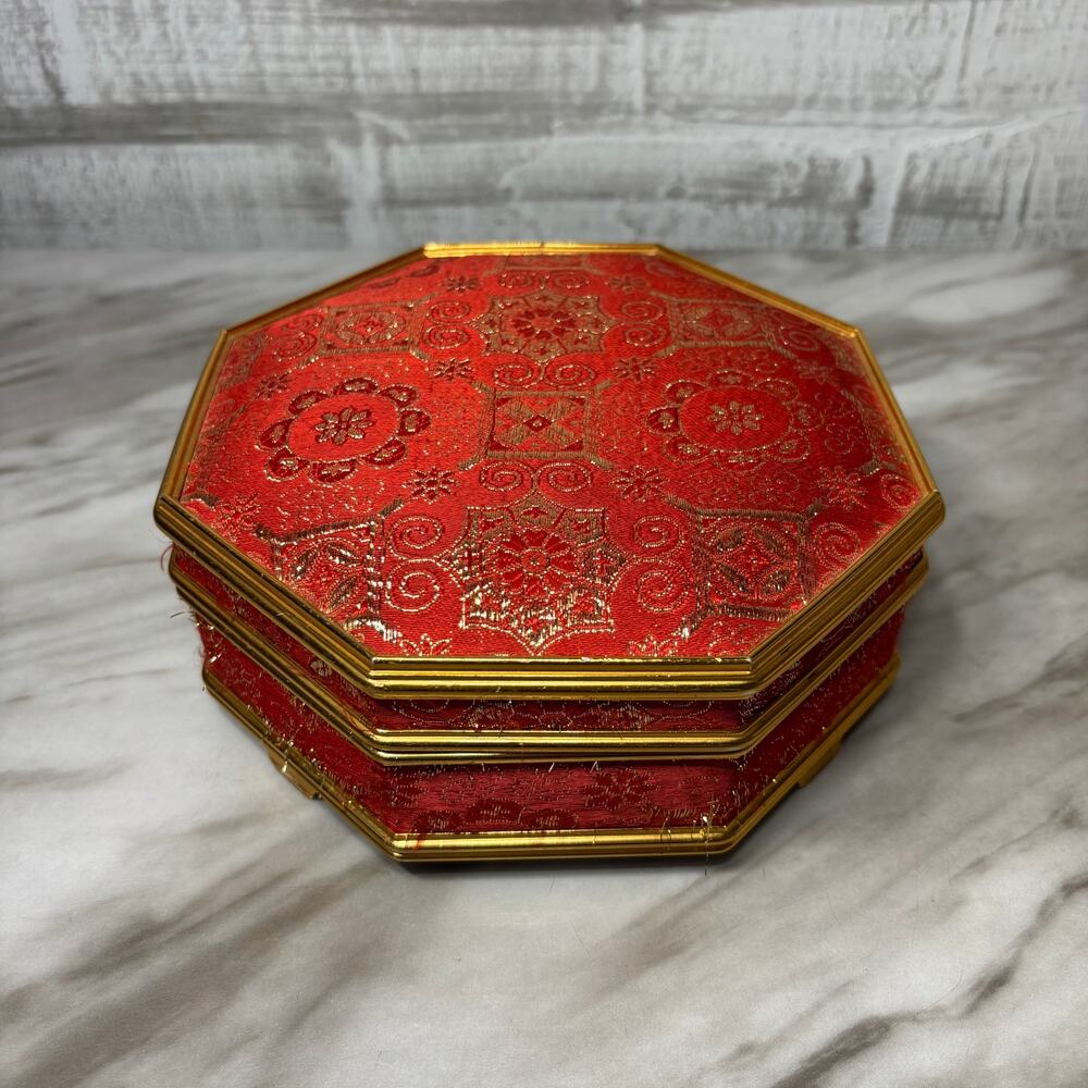 Vintage Red Velvet Octagonal Musical Jewelry Box with Mirror